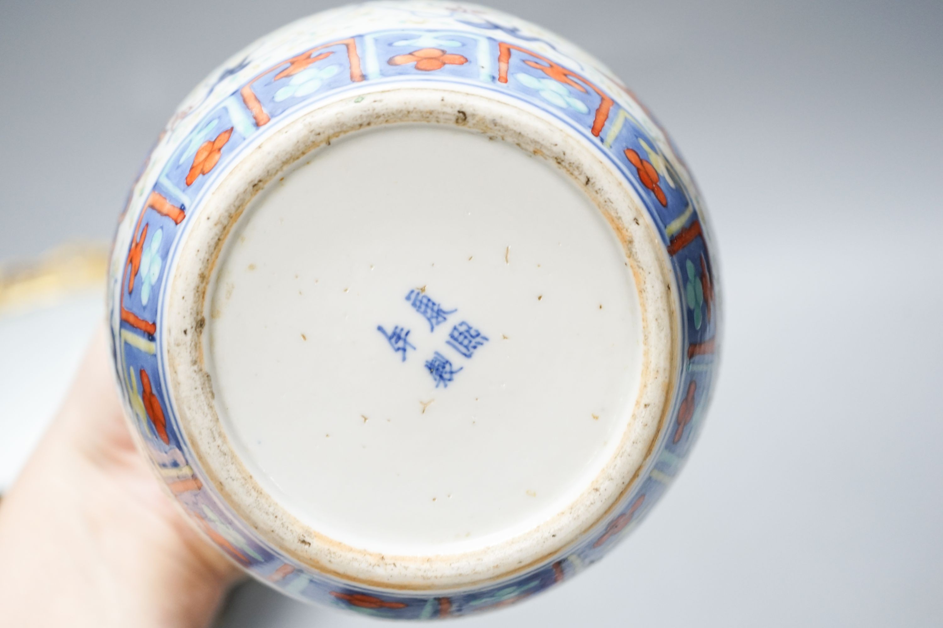 An 18th century Chinese clobbered blue and white bowl, a Samson powder blue ormolu mounted bowl, 19.5cm wide and a 19th century Chinese doucai style jar